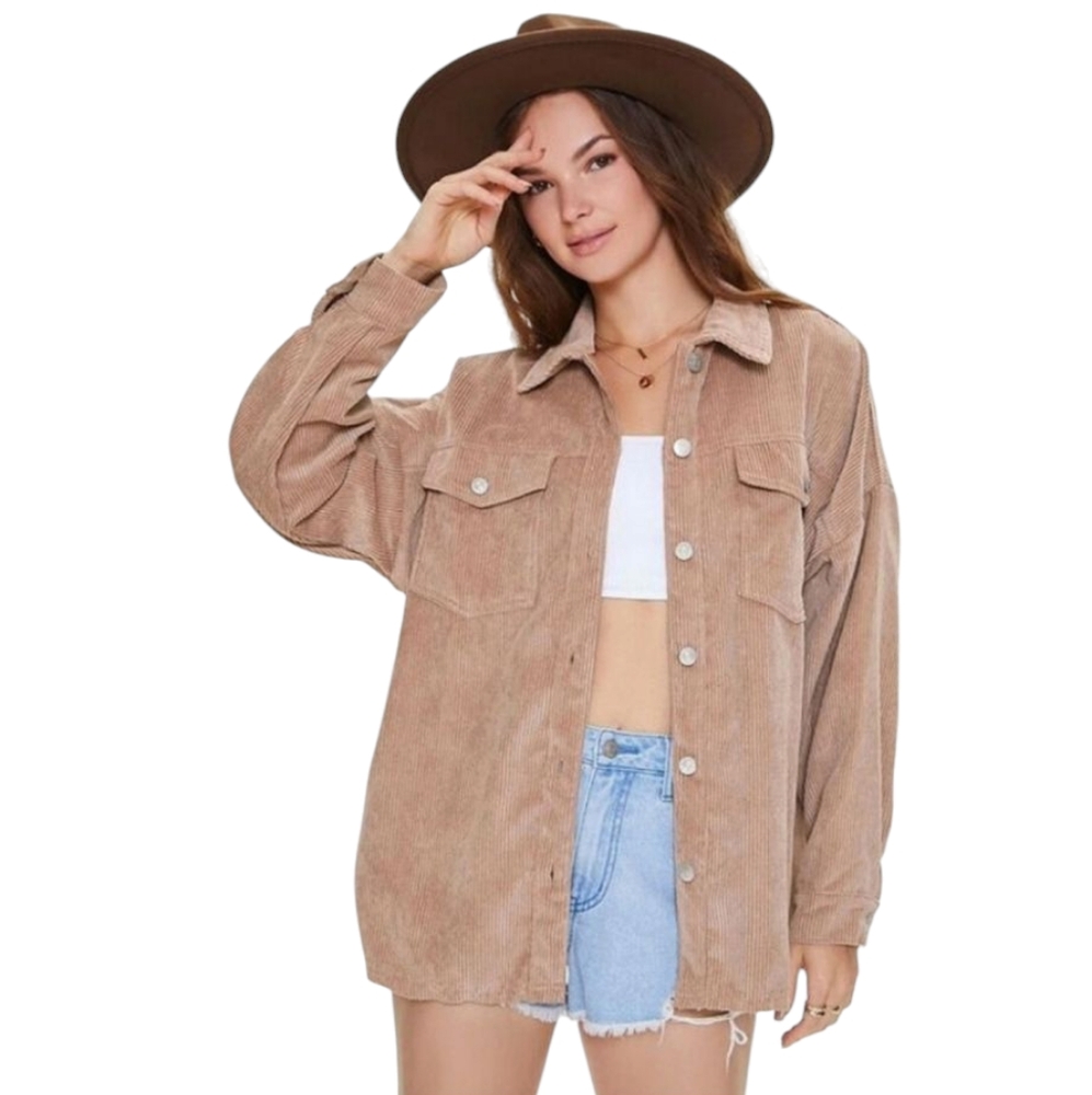 Forever 21 Women's Tan Corduroy Jacket Button-Front Shacket Pockets Small